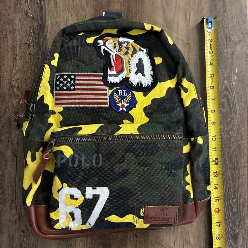 POLO Ralph Lauren '67 Backpack Men Yellow Camo Tiger USA Flag Patch Canvas - Picture 8 of 9